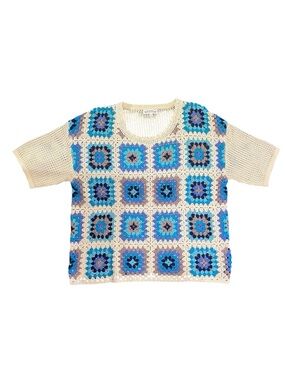 Northern Reflections Crochet Granny Square Short Sleeve Sweater Top Size L - EUC